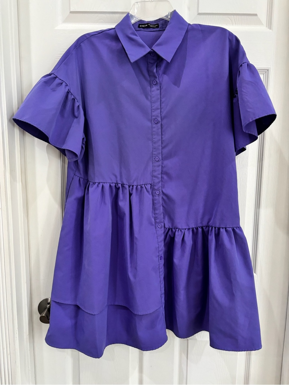 SHEIN Purple Tiered Button-Front Short Sleeve Dress